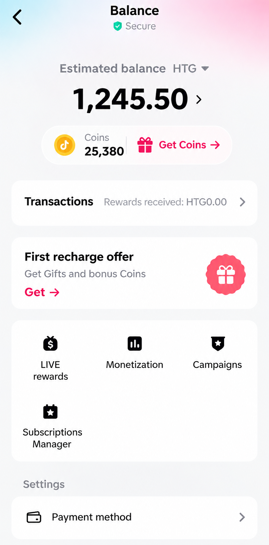 Écran de solde TikTok montrant un solde estimé et des Coins