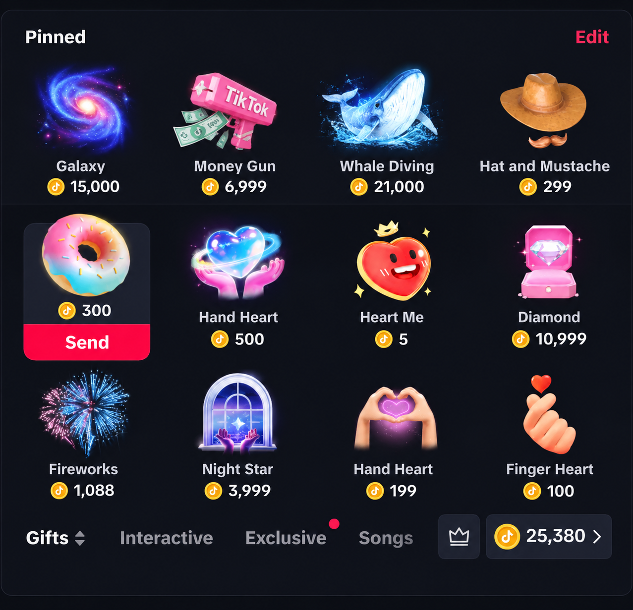 Écran de cadeaux TikTok montrant des cadeaux et un solde de Coins